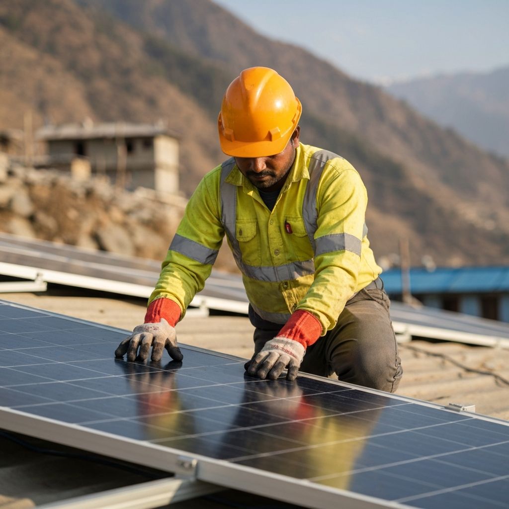 Technician installing solar panels on a rooftop in the mountains
